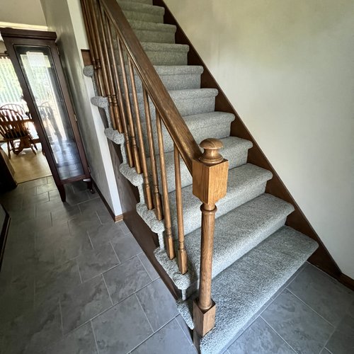 Stairs with Karastan Nylon Carpet in Castle Ground in McFarland, WI from Bisbee's Flooring Center